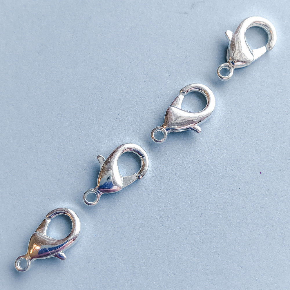 15mm Shiny Silver Lobster Claw Clasp - 4 Pack