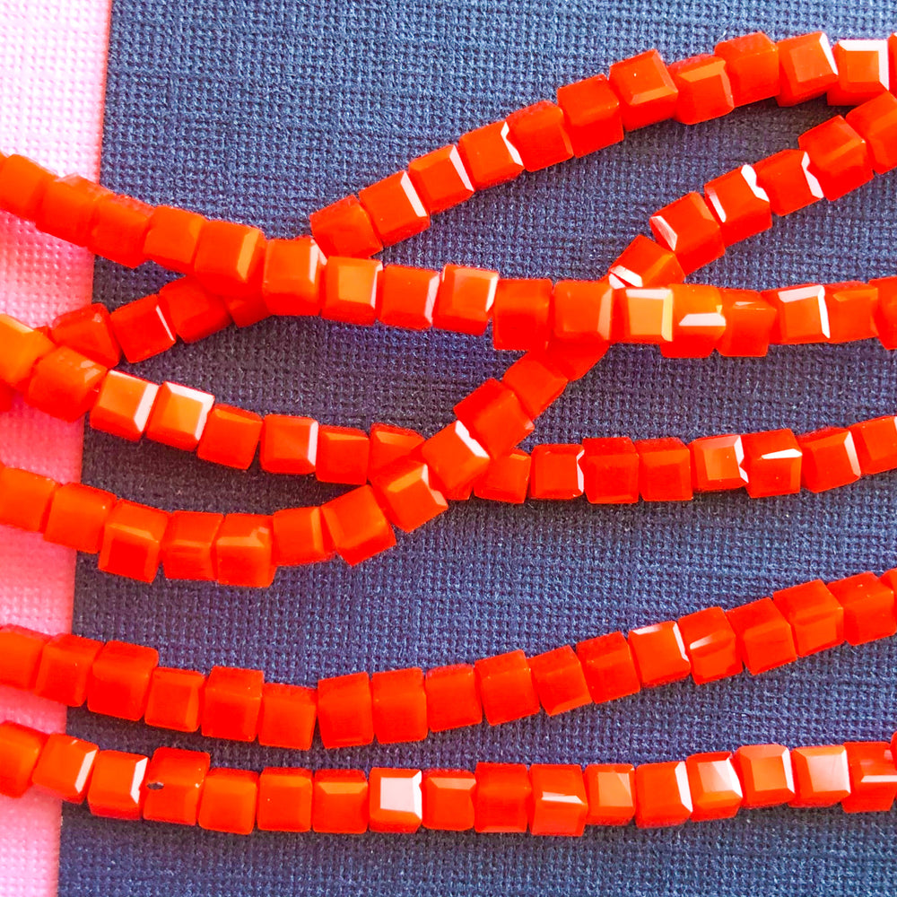 3mm Bright Orange Faceted Cube Crystal Strand