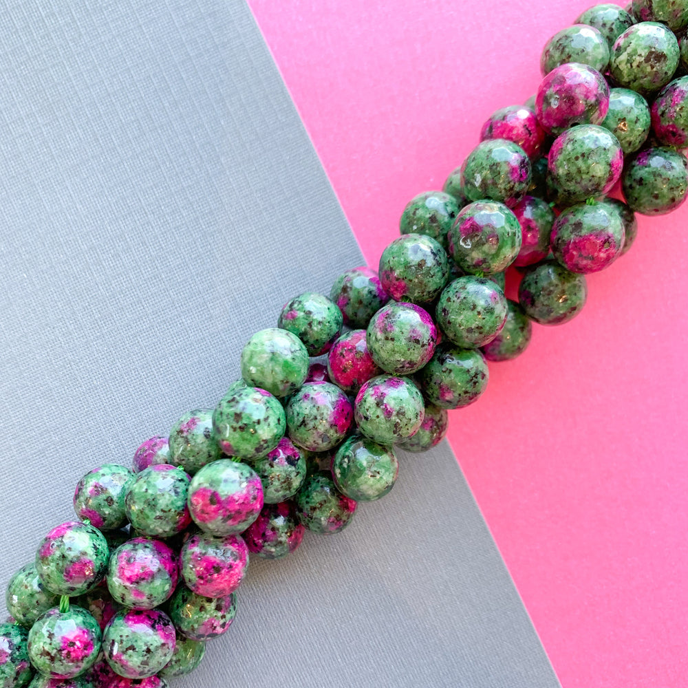 10mm Faceted Ruby Zoisite Spotted Jade Round Strand